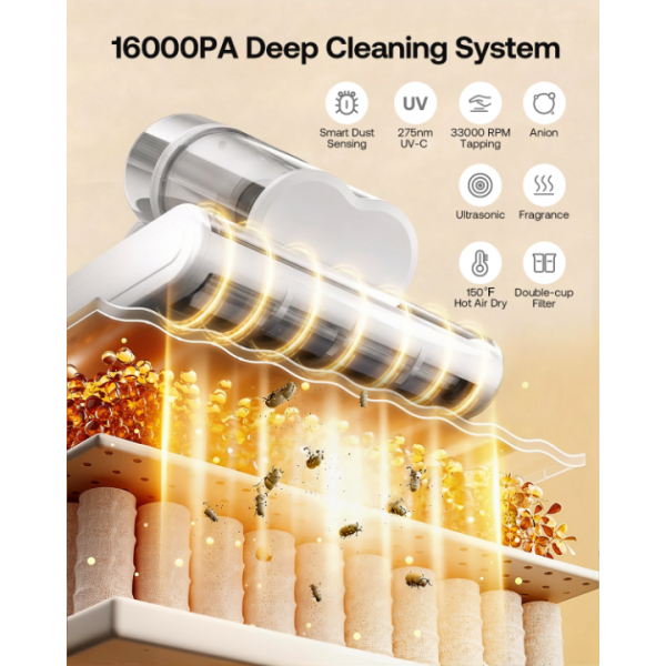 Trucozie Mattress Vacuum Cleaner, 16Kpa Bed Vacuum with Smart Dust Sensor, Anion & Aromatherapy, 275nm UV Light, 149℉ Heat & Ultrasonic & Tapping, Corded for Bed Sofa Couch Pet Hair, White