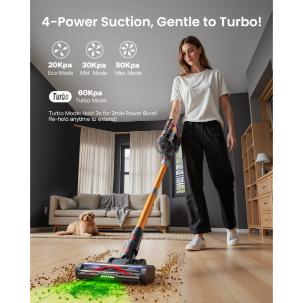 Cordless Vacuum Cleaner for Home, Upgraded 60Kpa Powerful Suction Pet Hair Vacuum with 70min Runtime, Green LED Light for Hardwood Floors & Carpet, Self-Standing Rechargeable Stick Vacuum