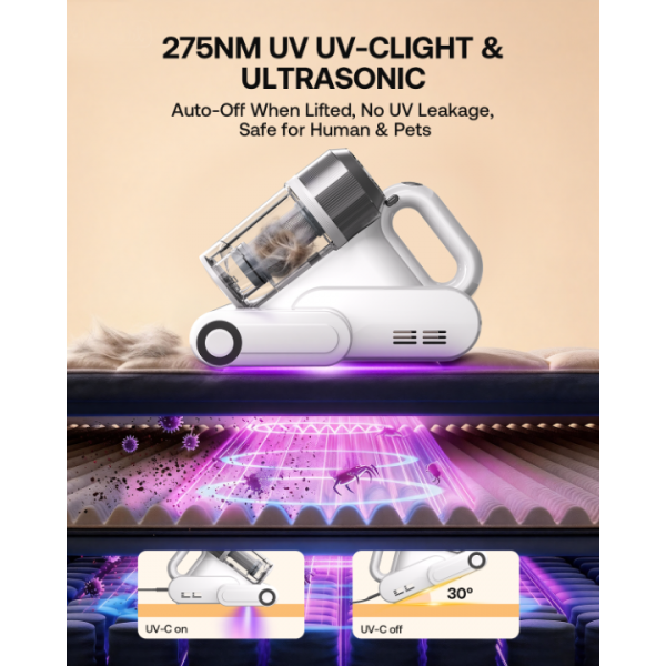 Trucozie Mattress Vacuum Cleaner, 16Kpa Bed Vacuum with Smart Dust Sensor, Anion & Aromatherapy, 275nm UV Light, 149℉ Heat & Ultrasonic & Tapping, Corded for Bed Sofa Couch Pet Hair, White