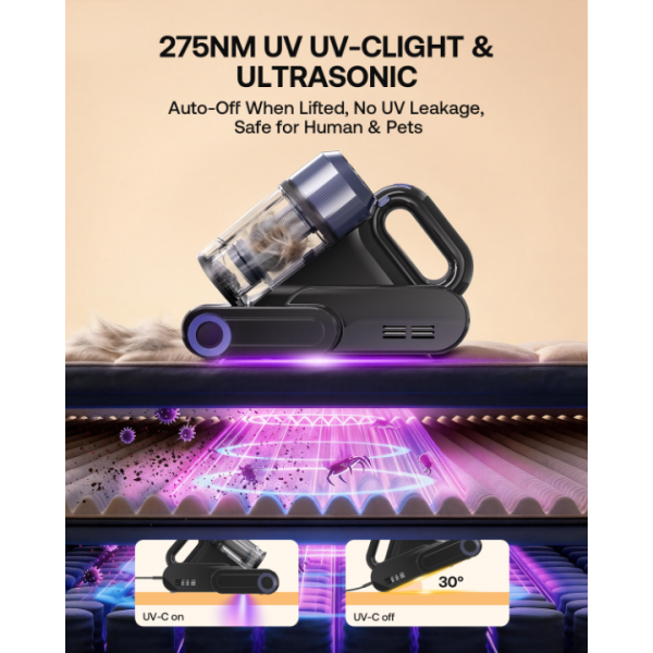 Trucozie Mattress Vacuum Cleaner, 16Kpa Bed Vacuum with Smart Dust Sensor, Anion & Aromatherapy, 275nm UV Light, 149℉ Heat & Ultrasonic & Tapping, Corded for Bed Sofa Couch Pet Hair, Black