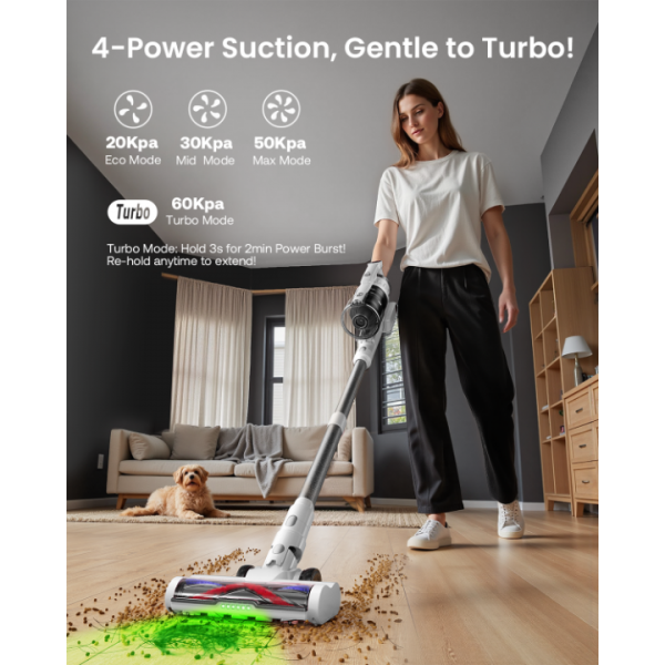 Cordless Vacuum Cleaner for Home, Upgraded 60Kpa Powerful Suction Pet Hair Vacuum with 70min Runtime, Green LED Light for Hardwood Floors & Carpet, Self-Standing Rechargeable Stick Vacuum, White
