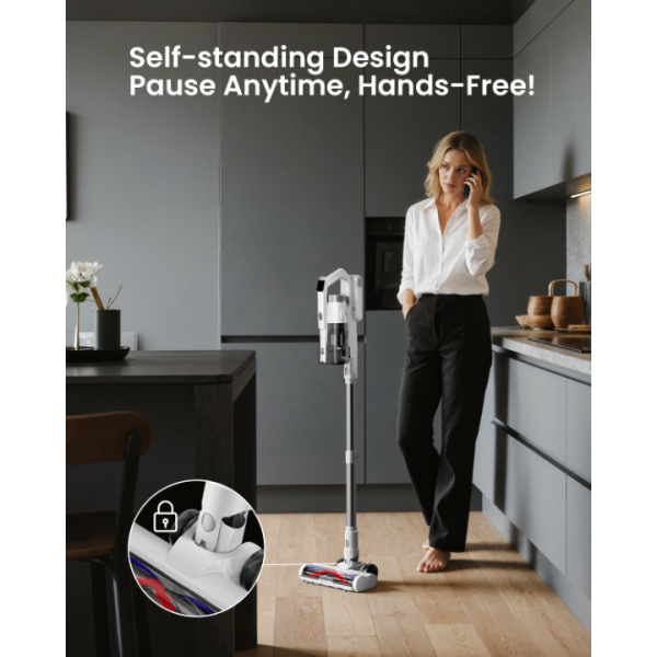 Cordless Vacuum Cleaner for Home, Upgraded 60Kpa Powerful Suction Pet Hair Vacuum with 70min Runtime, Green LED Light for Hardwood Floors & Carpet, Self-Standing Rechargeable Stick Vacuum, White